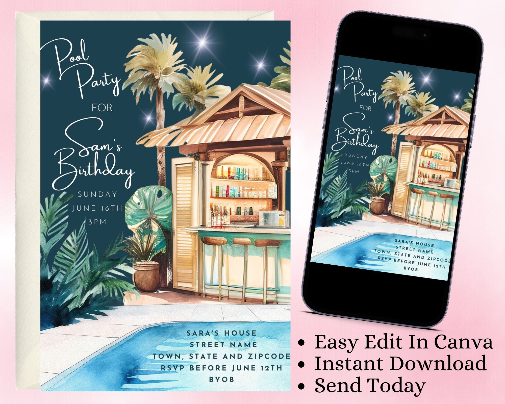Pool Party Tiki Bar Editable Invitation Personalize Share Any Occasion