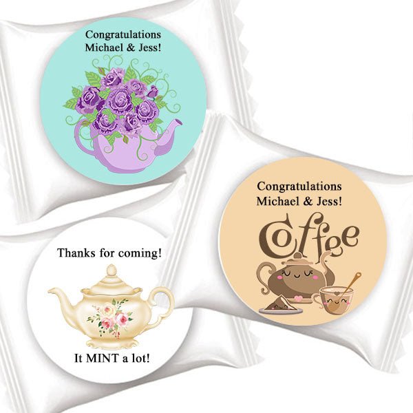 50 Personalized Tea Party or Coffee Themed Mint Party Favors - Favors Today