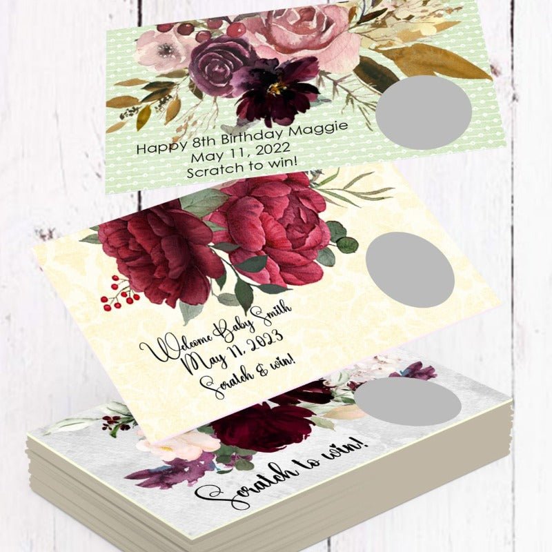 Personalized Burgundy Maroon Wine Red Floral Scratch Off Cards - Favors Today