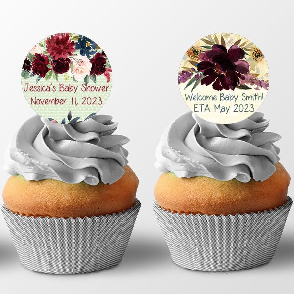 Personalized Maroon Floral Design Cupcake Toppers Food Picks - Favors Today