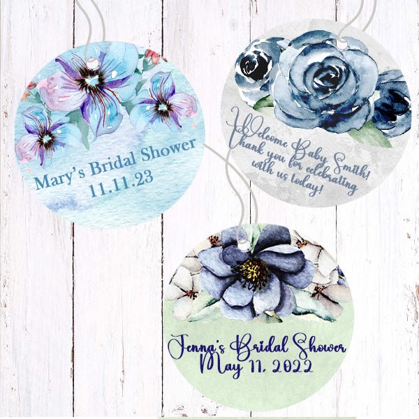 Personalized Navy Slate Baby Blue Floral Thank You Party Favor Tags - Favors Today