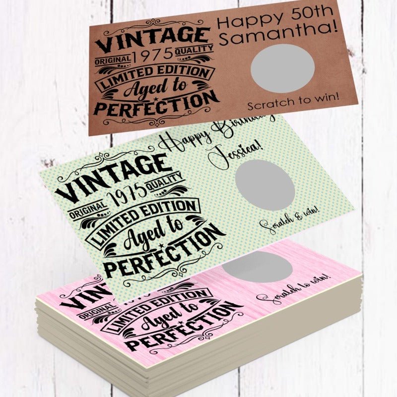 Personalized Vintage Birthday Party Scratch Off Game Cards - Favors Today