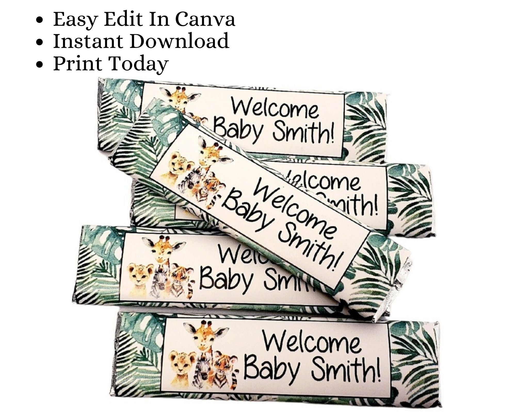 DIY Baby Shower Decorations Editable Jungle Animal Safari Gum Sticks