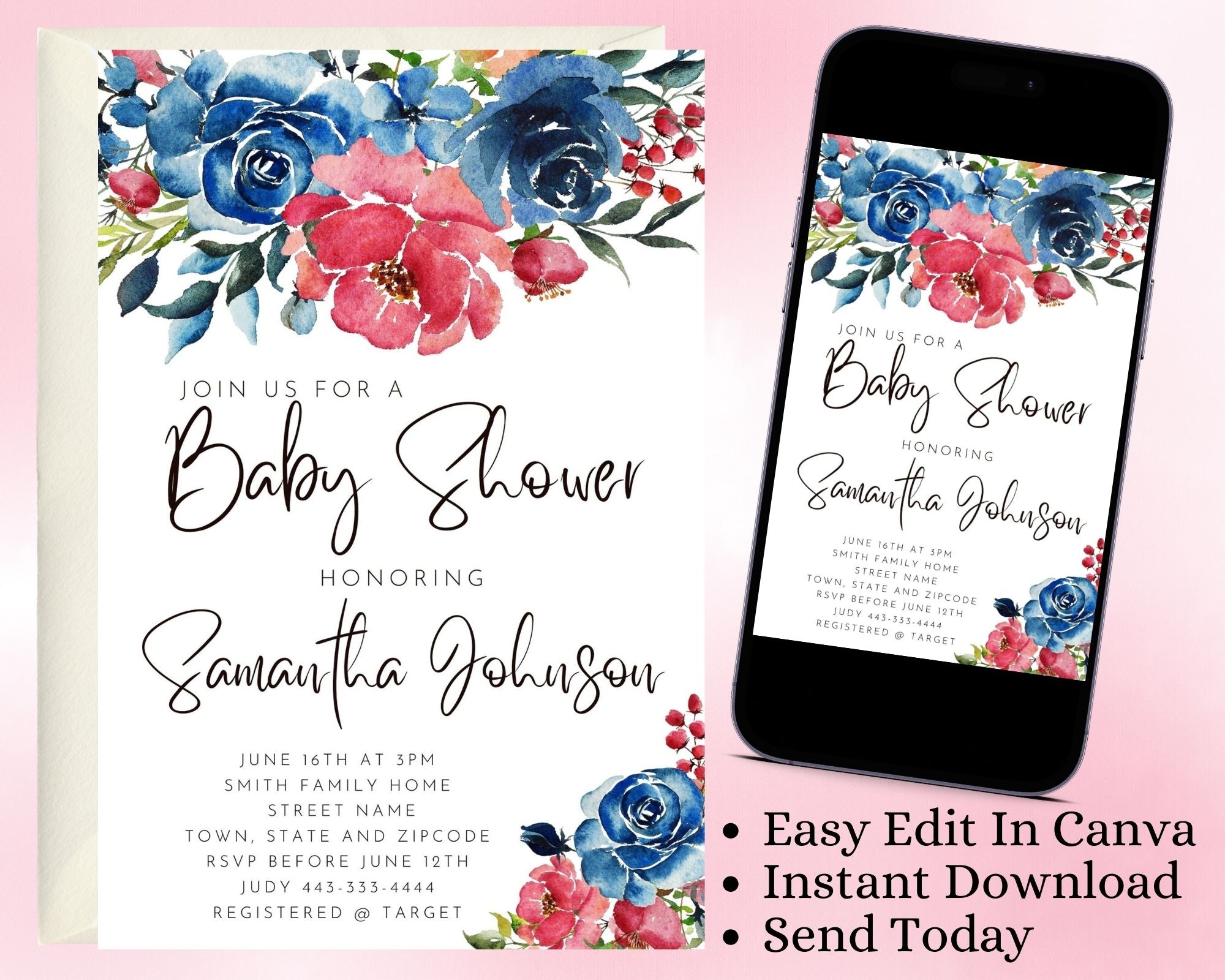 Red and Blue Floral DIY Editable Invitation For Every Occasion
