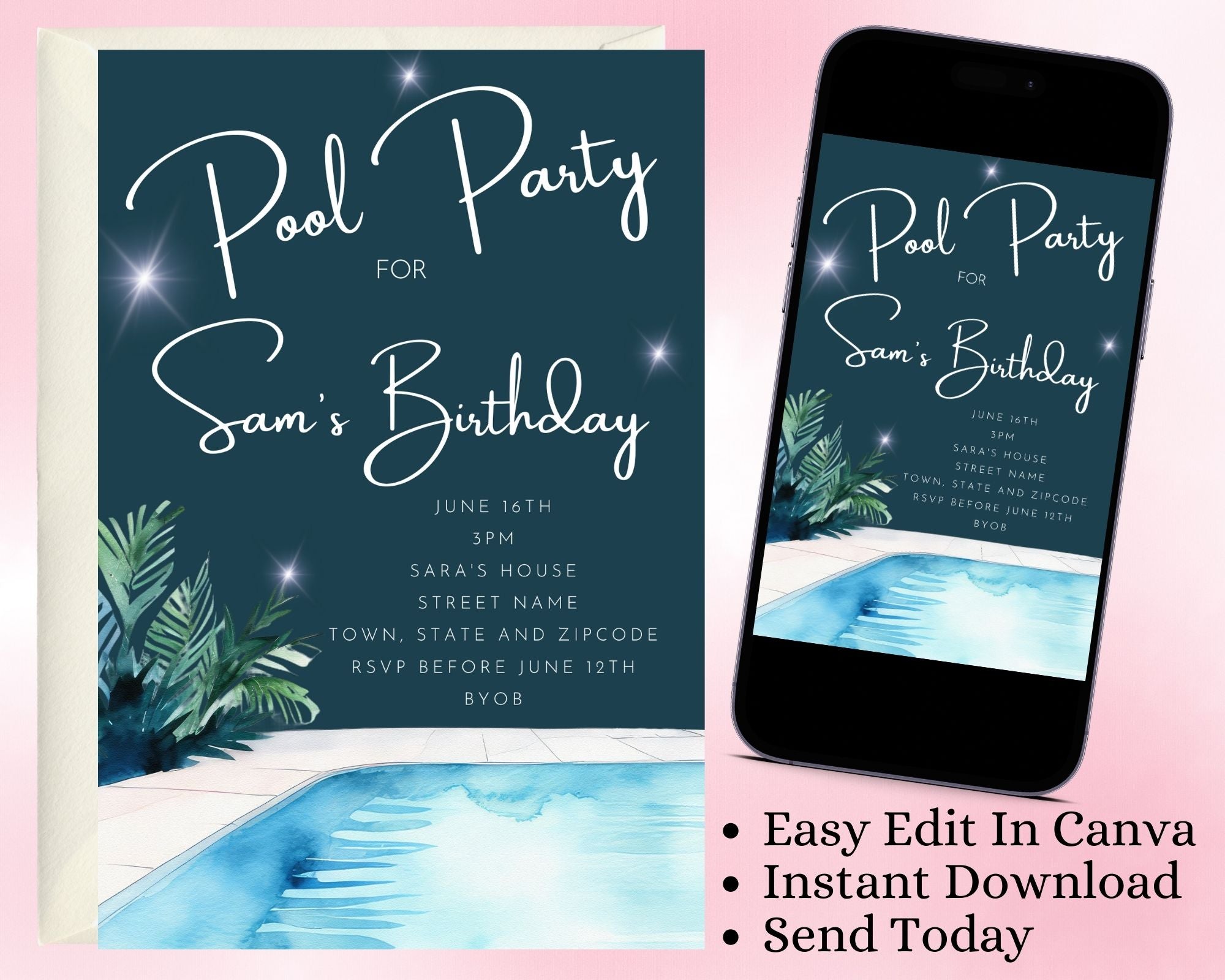 Pool Party Invitations Editable DIY