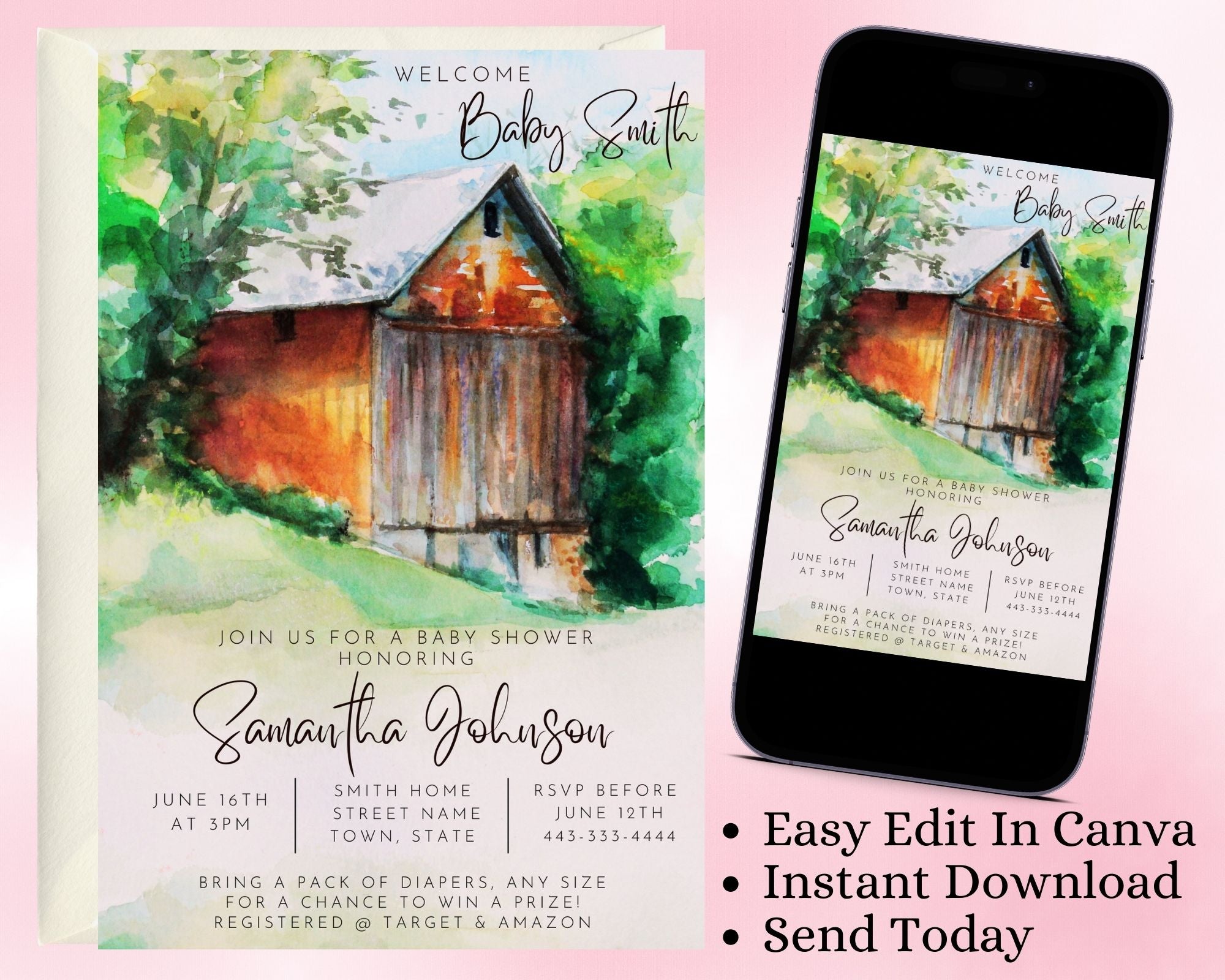 Watercolor Barn Rustic Bridal Shower Party Invitation