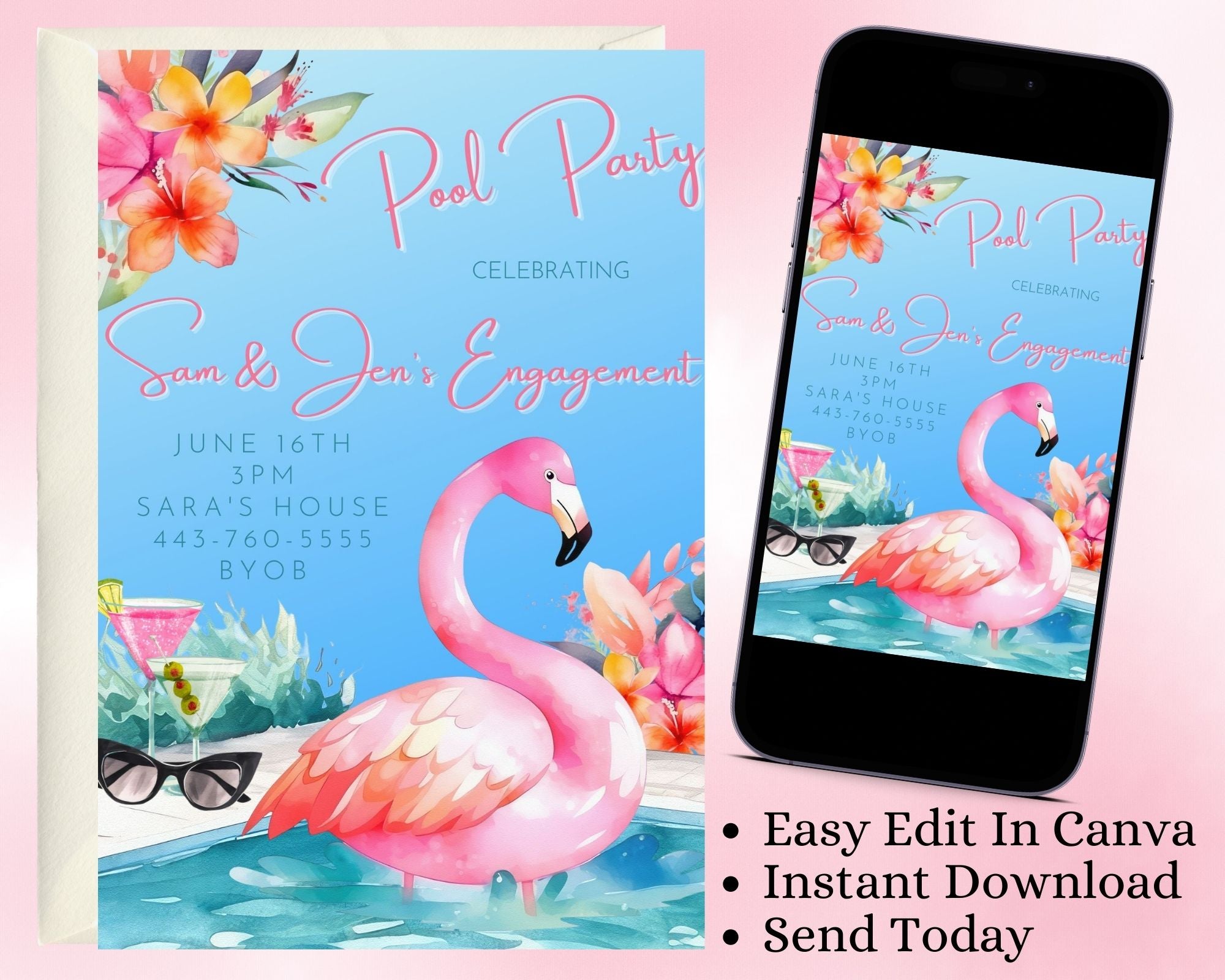 Pool Party Flamingo Editable Invitation Personalize Share Any Occasion