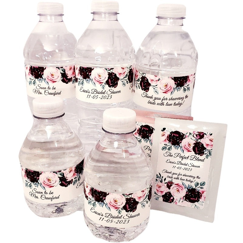 Personalized Blush Pink Coral Peach Floral Waterproof Water Bottle Labels