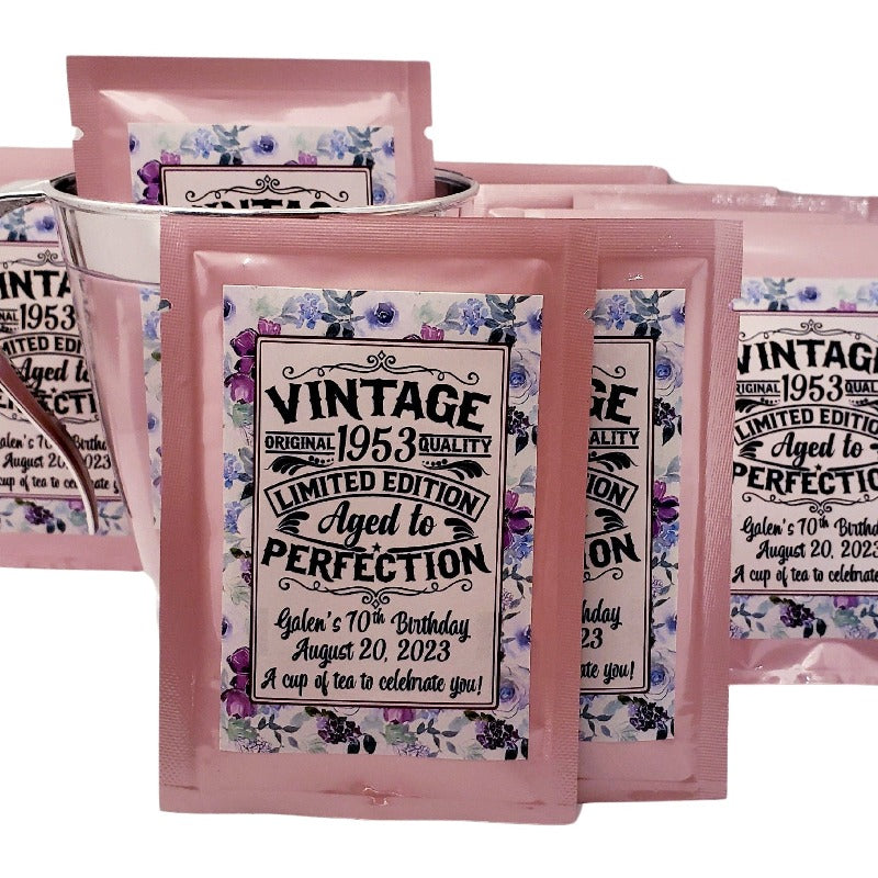 Personalized Vintage Adult Womans Birthday Party Favor Custom Tea Bags