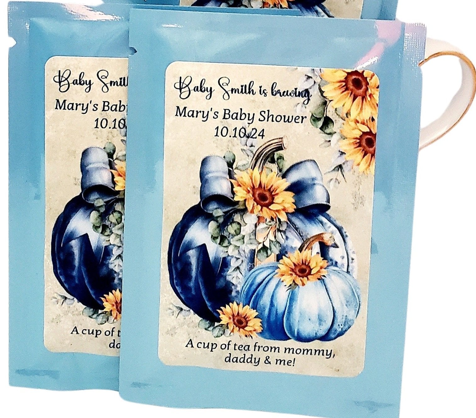 Fall Boy Blue Pumpkin Sunflower Baby Shower Favors Tea Party Idea