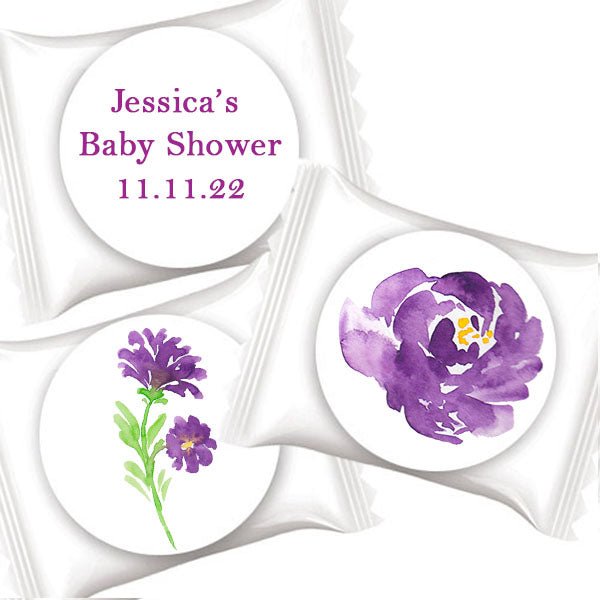 50 Personalized Purple Floral Individual Mint Party Favors Many Options - Favors Today