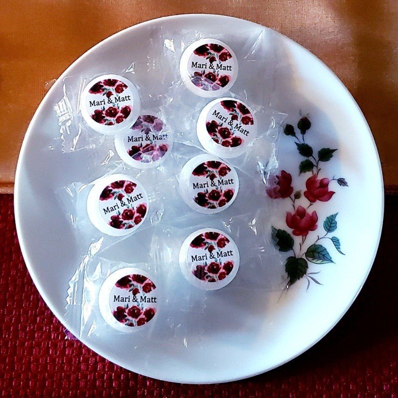 50 Personalized Red Crimson Dark Red Burgundy Floral Individual Mints - Favors Today