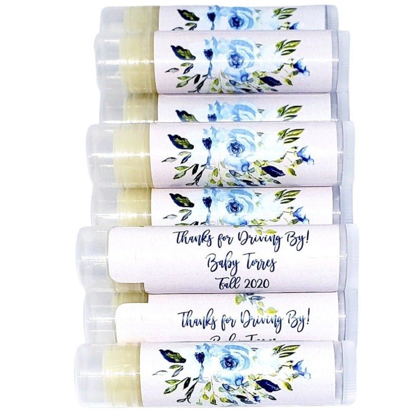 Personalized Navy Slate Baby Blue Floral Lip Balm Chap Stick Party Favors - Favors Today