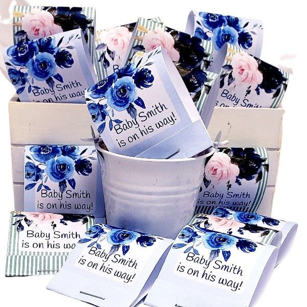 Personalized Navy Slate Baby Blue Floral Matchbook Mint Party Favors - Favors Today