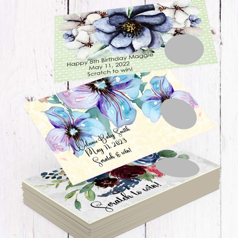 Personalized Navy Slate Baby Blue Floral Scratch Off Game Cards - Favors Today