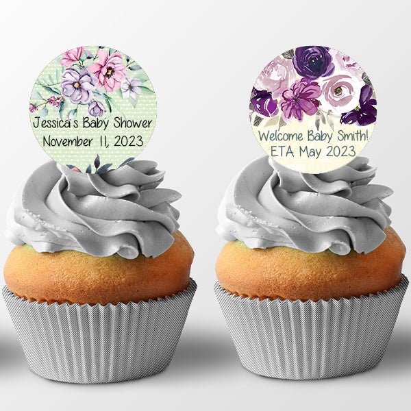 Personalized Purple Floral Design Cupcake Toppers Food Picks - Favors Today
