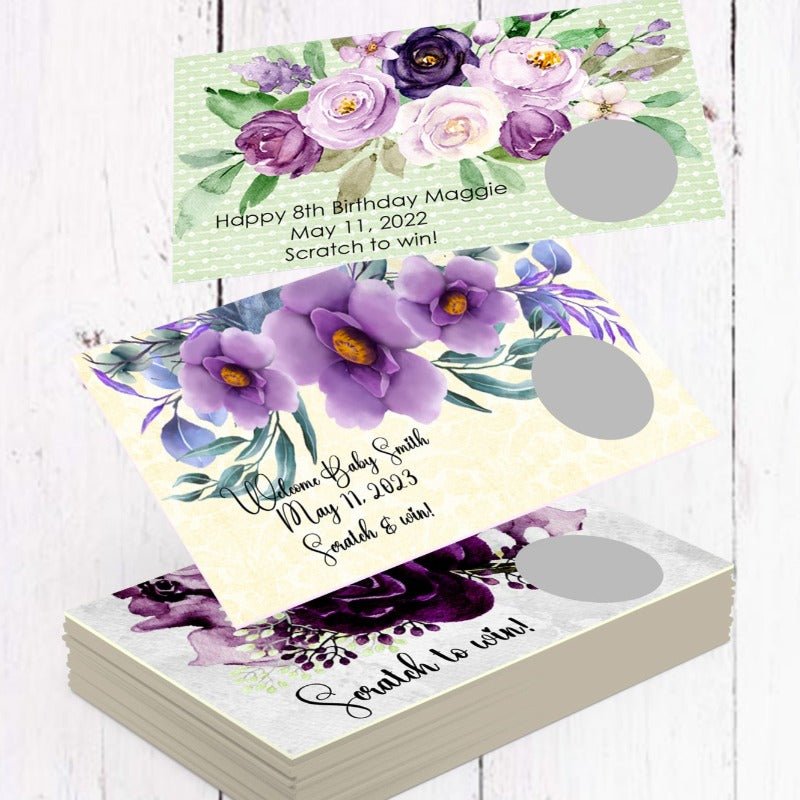 Personalized Purple Floral Scratch Off Game Cards - Favors Today