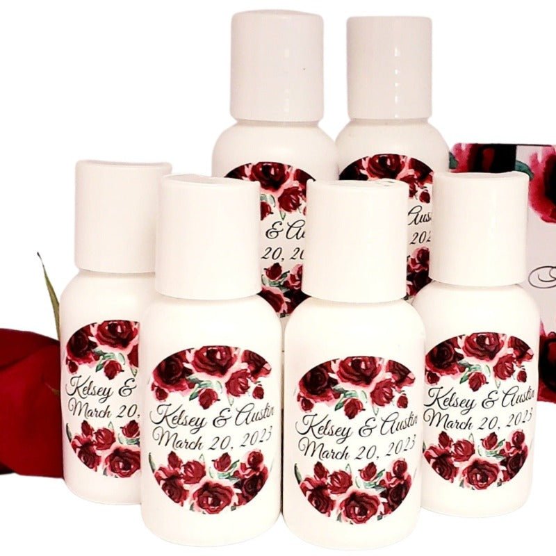 Personalized Red Crimson Dark Red Burgundy Floral Lotion Party Favors - Favors Today