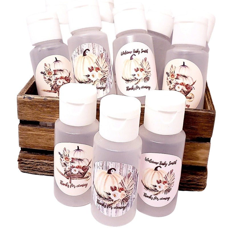 Personalized Rustic Fall Pumpkin Hand Sanitizer Party Favors - Favors Today