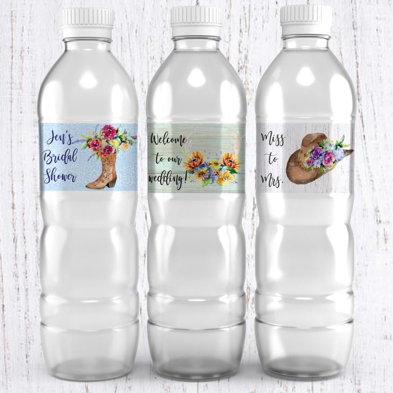 Personalized Rustic Floral Waterproof Water Bottle Labels Many Options - Favors Today