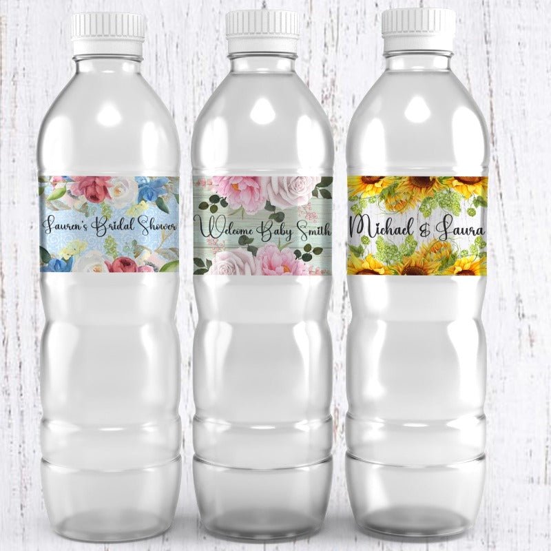 Personalized Top and Bottom Floral Waterproof Water Bottle Labels - Favors Today