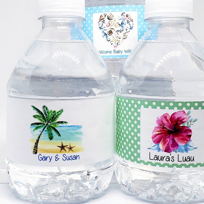 Personalized Tropical Beach or Luau Waterproof Water Bottle Labels - Favors Today
