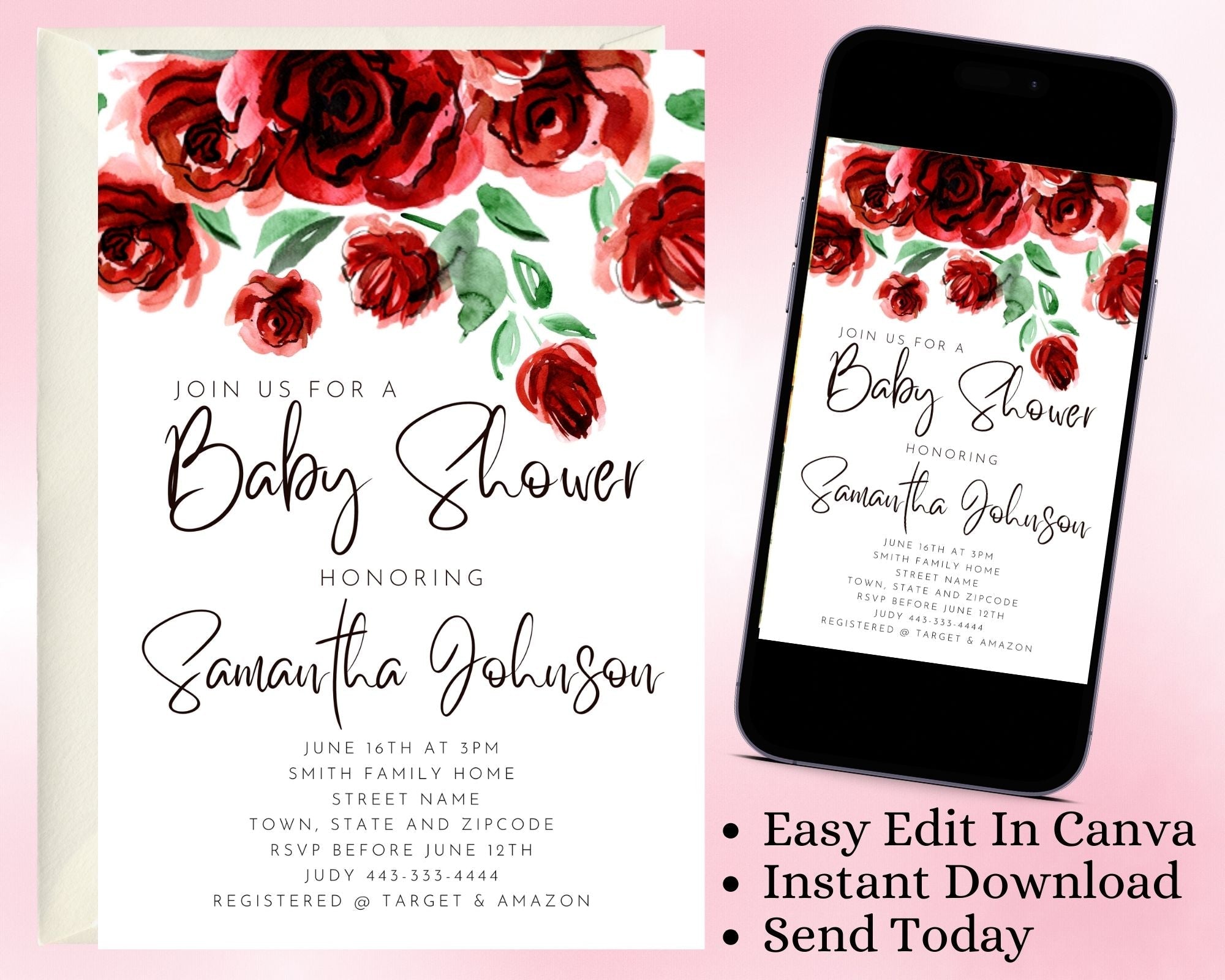 Red Rose Editable Invitation Personalize and Share For Any Occasion - Favors Today